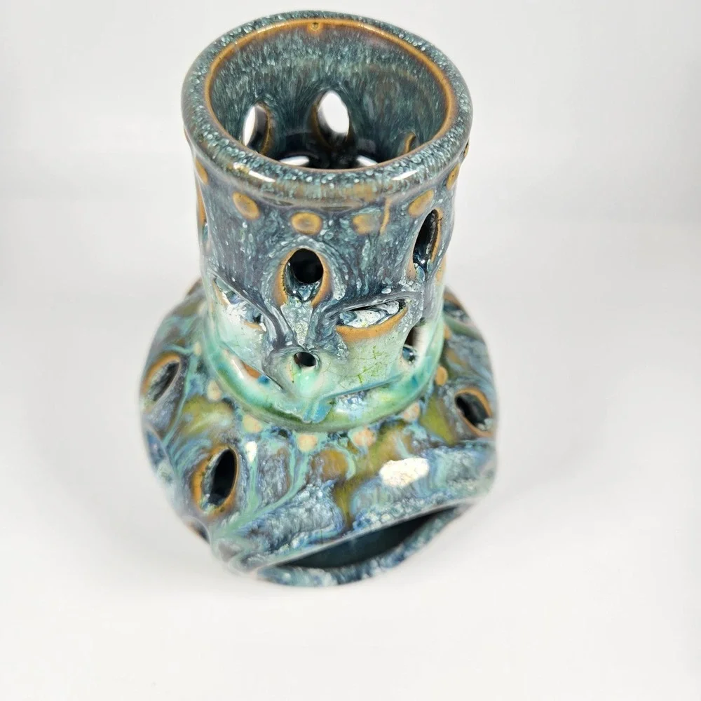 Beautiful‎ Chiminea Handmade Iridescent Glazed Ceramic Candle Holder blue green